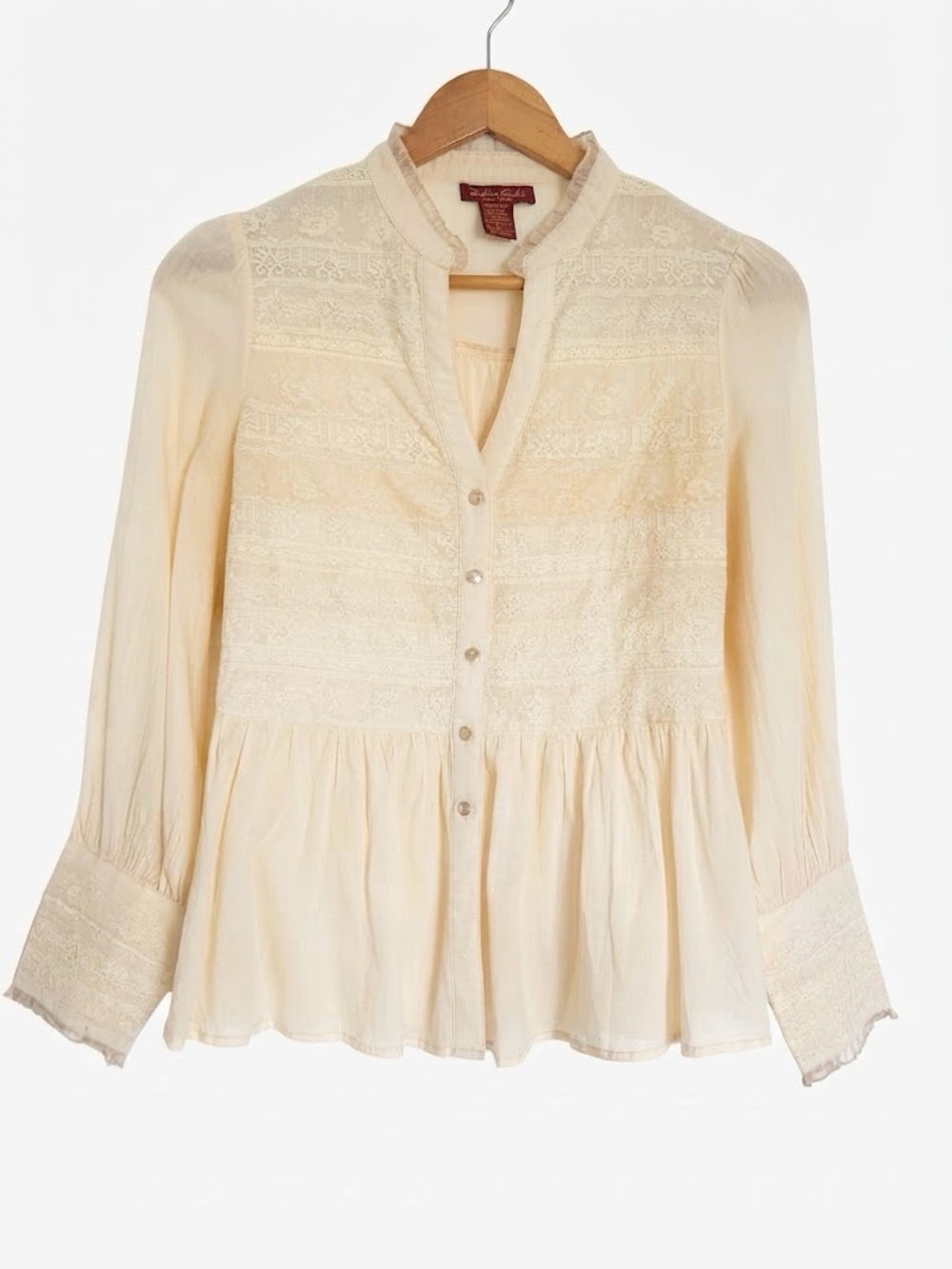 Doki-Geki Cream Lace Silk Cotton Peasant Blouse Button Down Top M Romantic